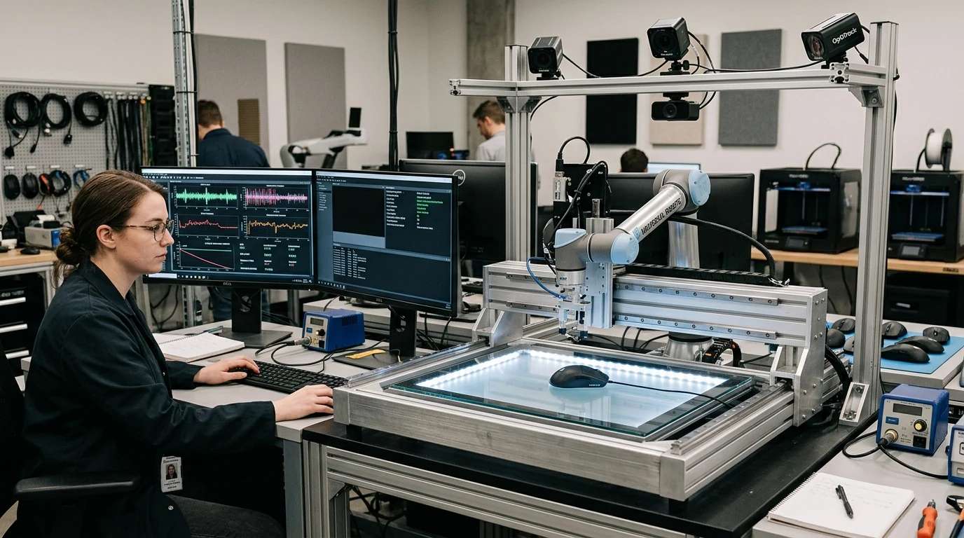 Hardware sensor testing laboratory with optical test bench and robotic arm