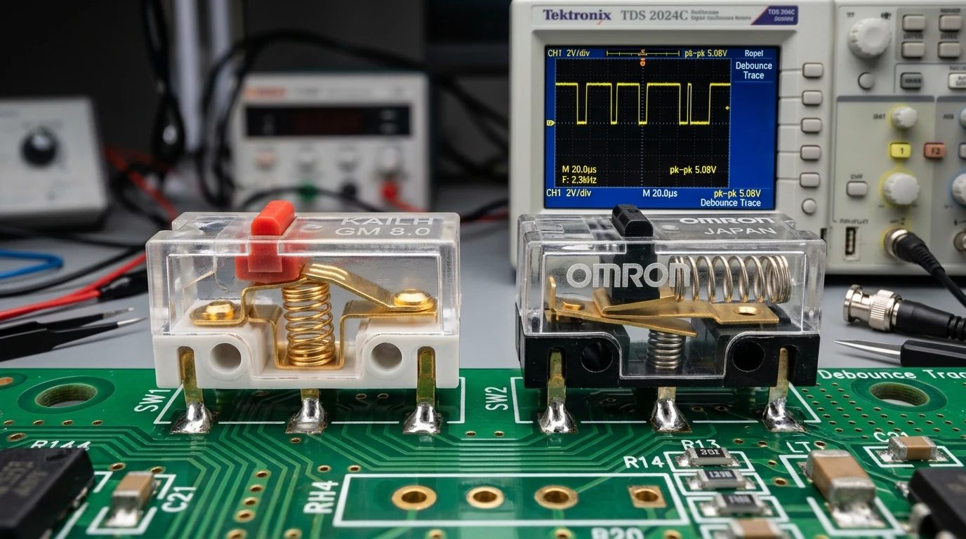 Mechanical microswitch debounce test bench with oscilloscope reading